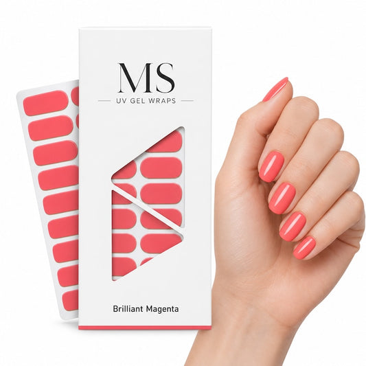 Folii gel UV MS Brilliant Magenta, coral-magenta, aplicate pe unghii, lângă ambalaj