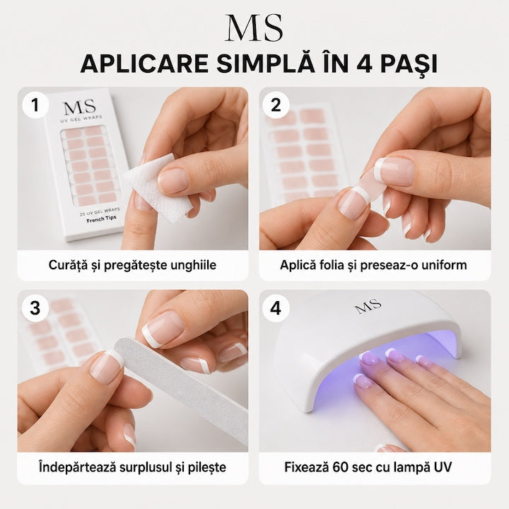 Aplicarea foliilor gel UV MS în 4 pași, cu fixare 60 de secunde la lampa UV
