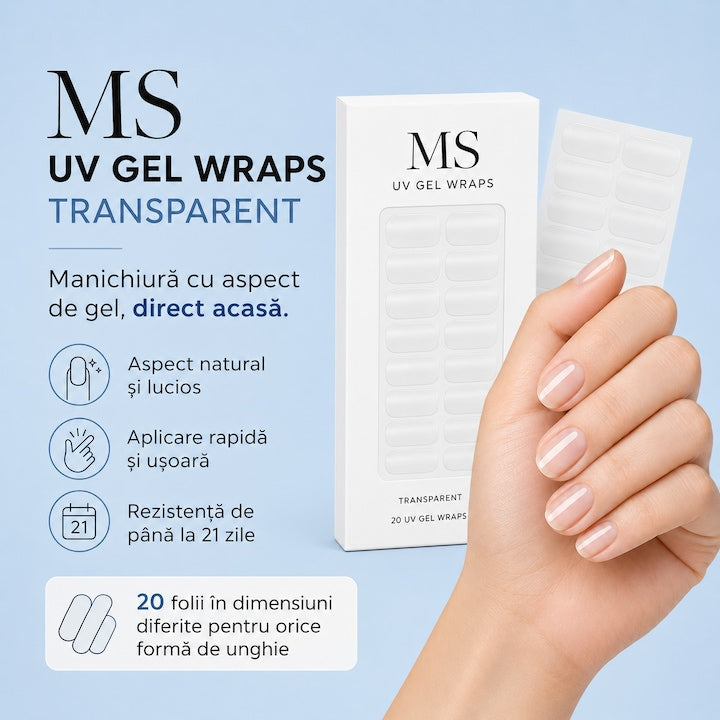 Folii gel UV MS Transparent: aspect natural, aplicare rapidă, rezistență de până la 21 de zile