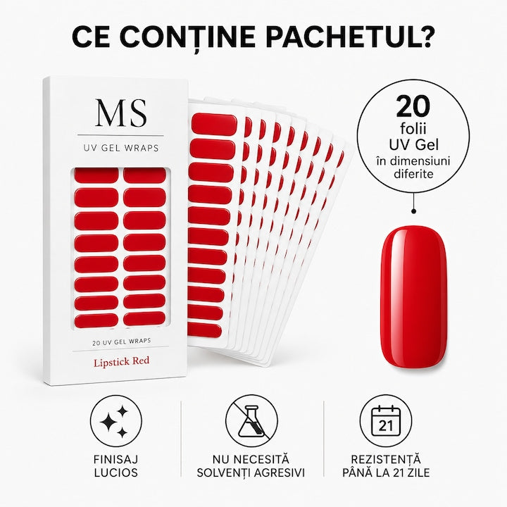 Ce conține pachetul de folii gel UV MS Lipstick Red: 20 de folii în dimensiuni diferite