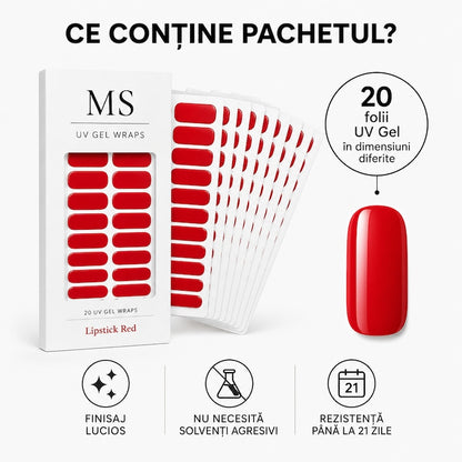 Ce conține pachetul de folii gel UV MS Lipstick Red: 20 de folii în dimensiuni diferite