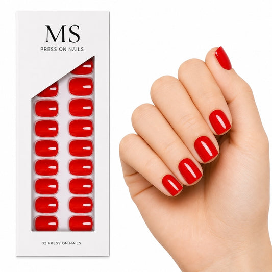 Unghii false press-on MS Lipstick Red, roșu intens, formă scurtă pătrată, cu cutia