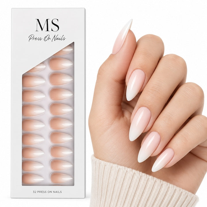 Unghii false press-on MS Nude Almond, formă migdală cu vârf alb, cu cutia