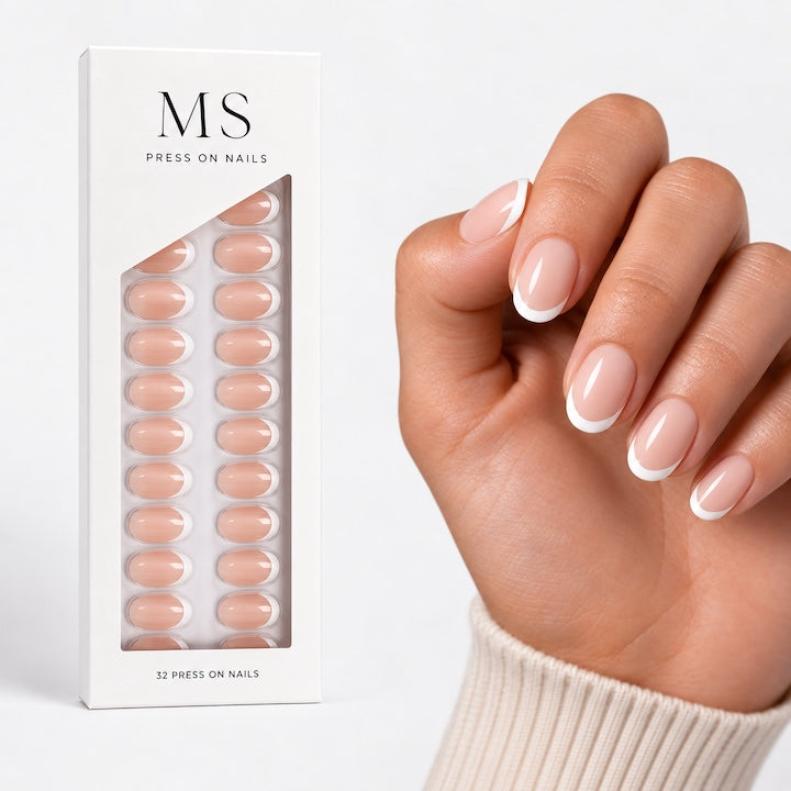 Unghii false press-on MS French Tips cu vârf alb, cu cutia
