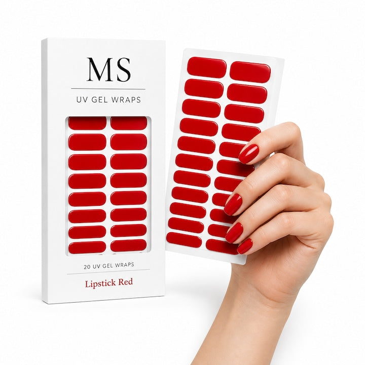 Folii gel UV MS Lipstick Red, roșu intens, lângă ambalaj