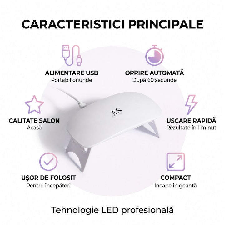 Caracteristicile lămpii UV LED MS: alimentare USB, oprire automată la 60 de secunde, design compact