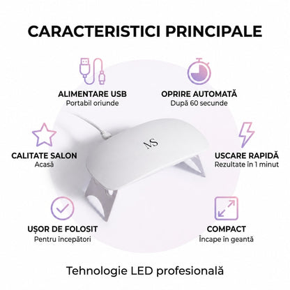 Caracteristicile lămpii UV LED MS: alimentare USB, oprire automată la 60 de secunde, design compact